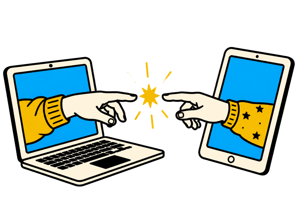 Two hands reaching out of a laptop and tablet with a spark between them
